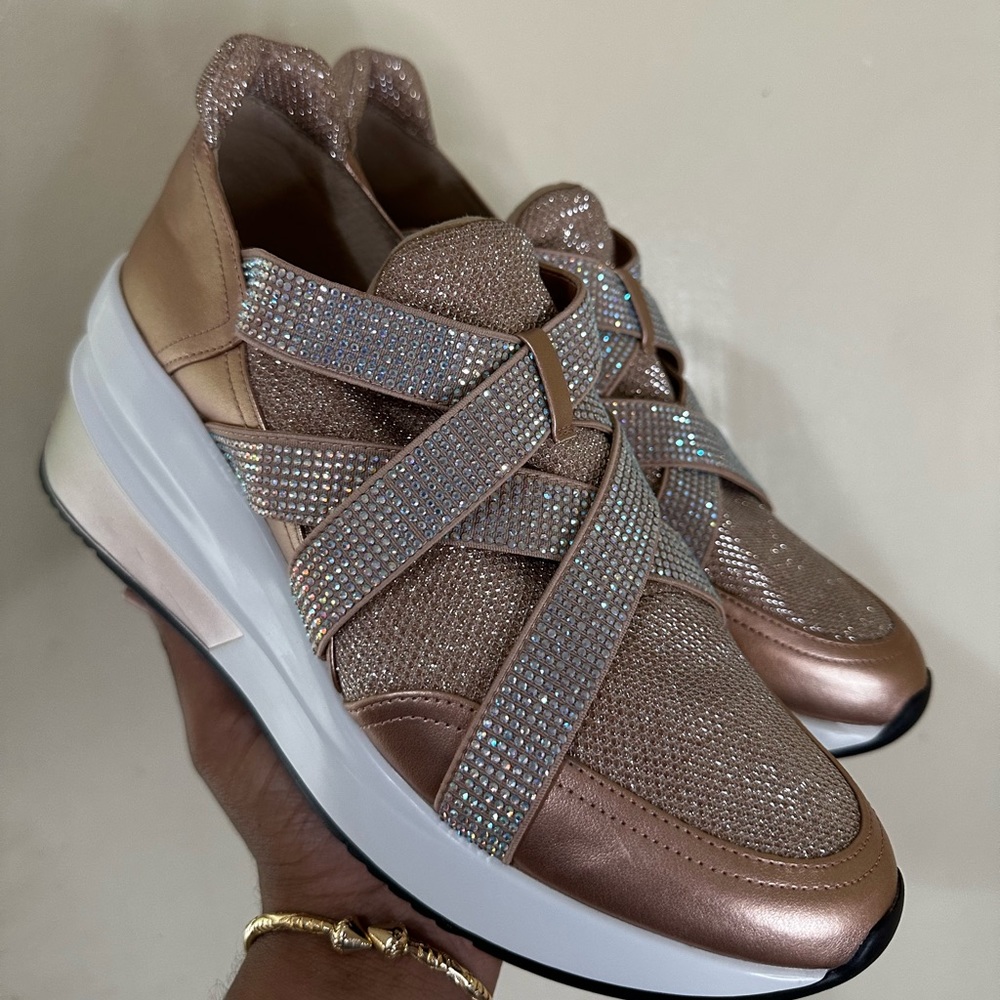 Gianni Bini Rose Gold Bling/ Rhinestone Wedge Platform Sneakers